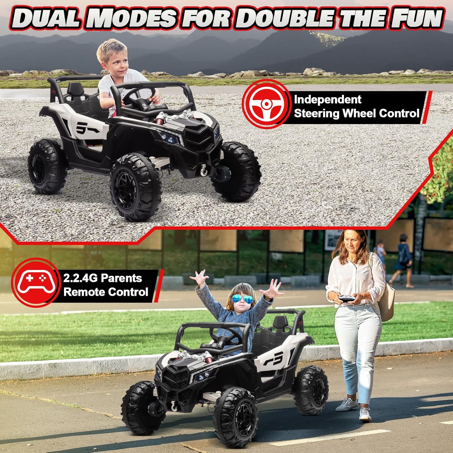 JOYRACER Kids Remote Control Car with 4 x 150W Motors, Shock Absorbers, Bluetooth, MP3 Player, and Headlights
