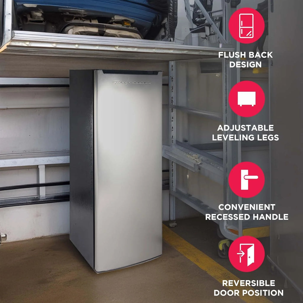 Frigidaire Upright Freezer, 6.5 cu. ft., Deep Freeze, Vinyl Coated Metal with Wire Shelving, Compact for Kitchen, RV, Dorm, Cabin, and Trailer, Platinum Design Series, Silver - 21D x 23W x 56H