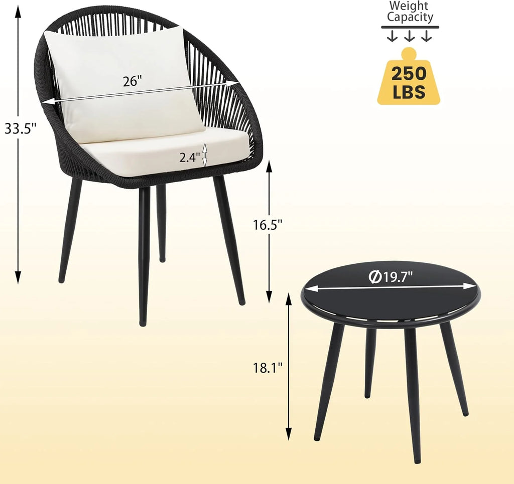 3 Piece Bistro Set, Woven Rope Chair with Cushions, All Weather Patio Conversation Set with Side Table, Ideal for Deck, Balcony, Poolside, Black