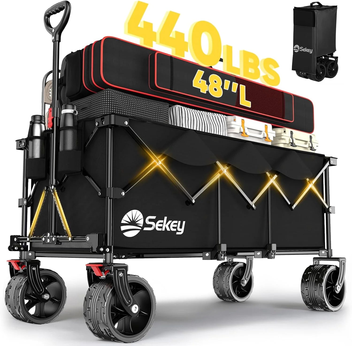 Sekey 48 Inch Long Foldable Extended Travel Cart, 440 Lbs Load Capacity, Heavy Duty 300 Liter Folding Multi-Purpose Garden Cart
