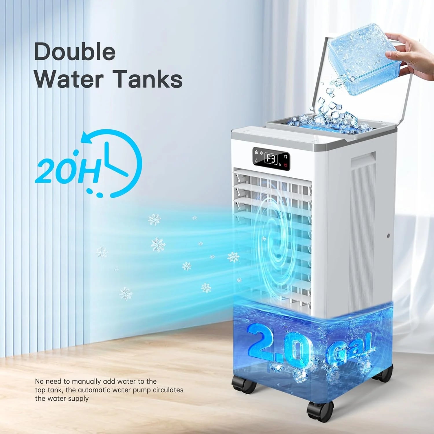Windowless Portable Air Conditioners, Evaporative Air Cooler w/3 Modes & 3 Speeds, 12H Timer for Smart Auto-off, 2-Gal Tank for 20H Cooling,16FT Remote,No Hose Needed,46db Swamp Cooler