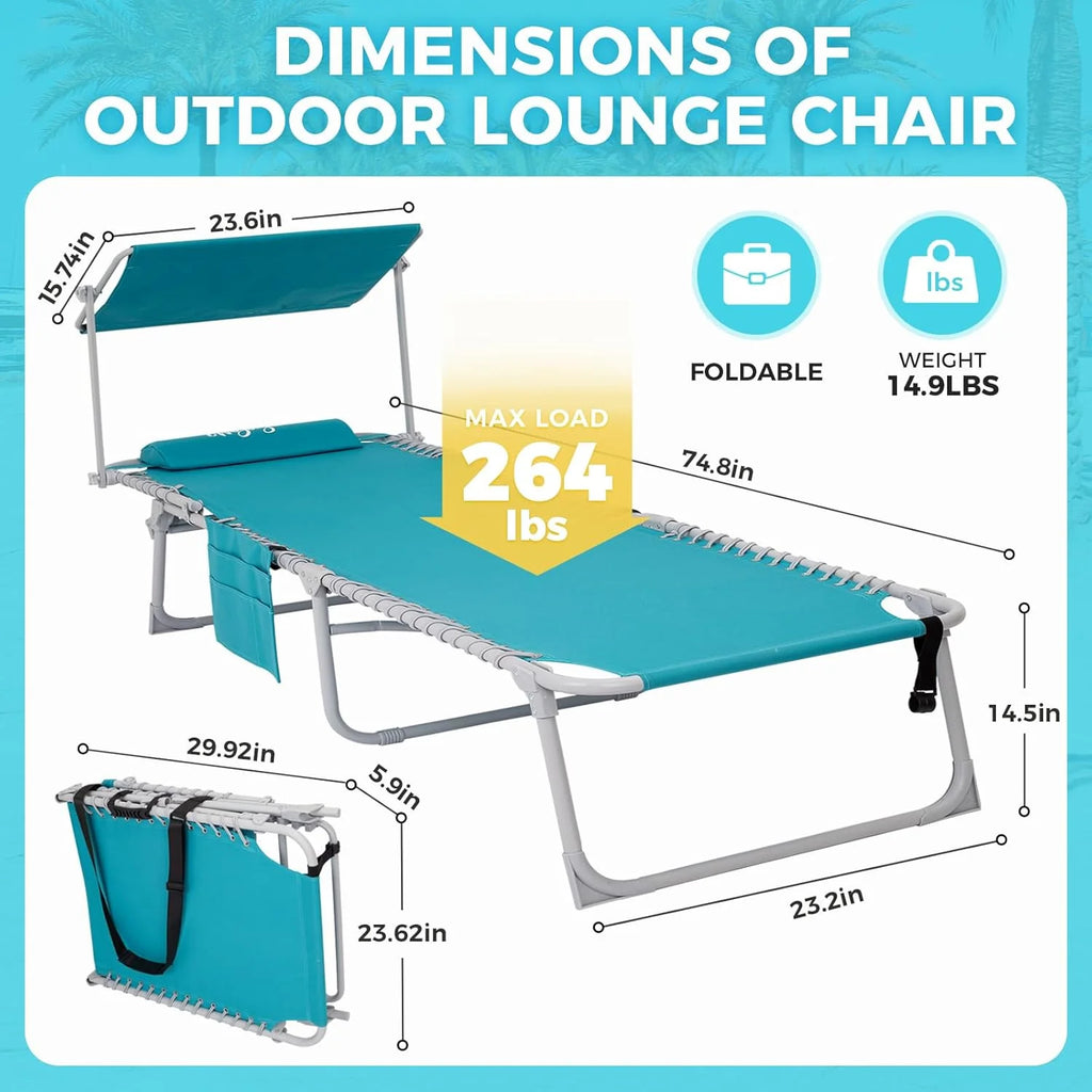 2 Pack Outdoor Chaise Lounge Chair - Portable Folding Patio Pool Lounge Chair, 5 Positions Adjustable Reclining Camping Chair with Side Table,Shoulder Strap, Pillow for Beach Sunbathing Lawn