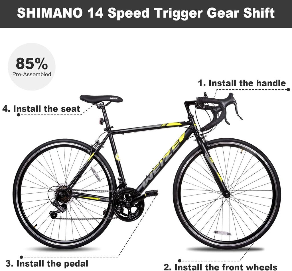 WEIZE Road Bike, 700C Wheel City Commuter Bicycle, Shimano 14 Speed Drop Bar, Racing Adult Bike with Caliper Brakes, High-Carbon Steel Hybrid Bikes
