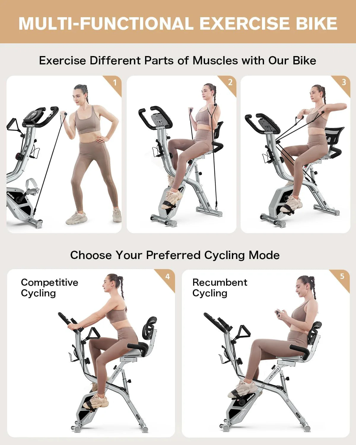 pooboo Folding Exercise Bike, Foldable Fitness Stationary Bike Machine, Upright Indoor Cycling Bike, Magnetic X-Bike with 8-Level Adjustable Resistance, Bottle Holder & Back Support Cushion for Home Gym Workout