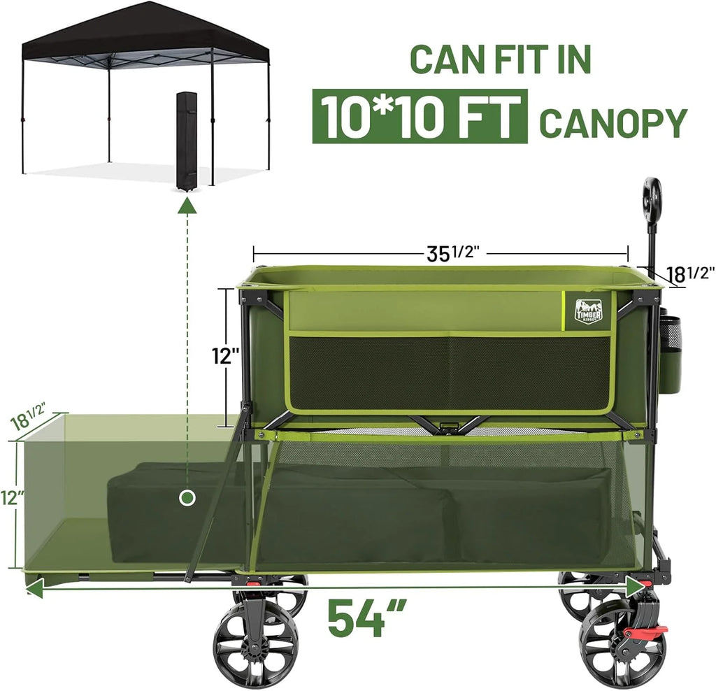400L Large Capacity Folding Double Decker Cart with Brakes, 54 Inch Extra Long Extended Cart, 450 Pounds Heavy Duty Folding Cart