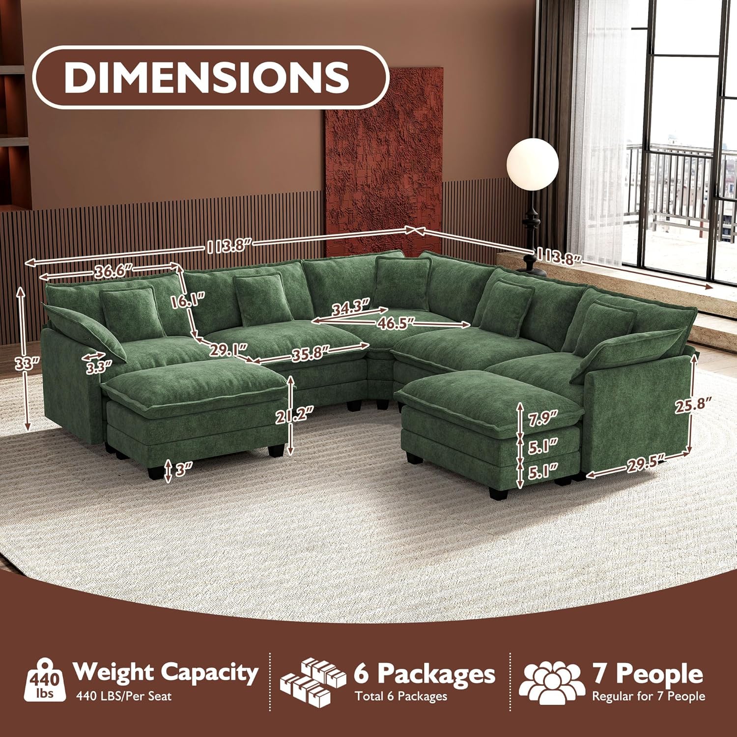 ihanherry 146-inch U-shaped modern sofa modular area cloud sofa