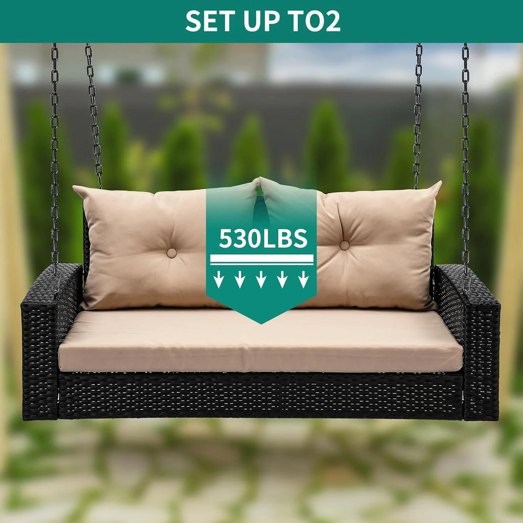 YITAHOME Hanging Porch Swing Chair Sits 3 People, Wicker Outdoor Swing Bench, Patio Lounge Chair, 1 Seating Cushion and 3 Back Cushions, w/Removable Covers, for Garden, Balcony, Backyard, Brown