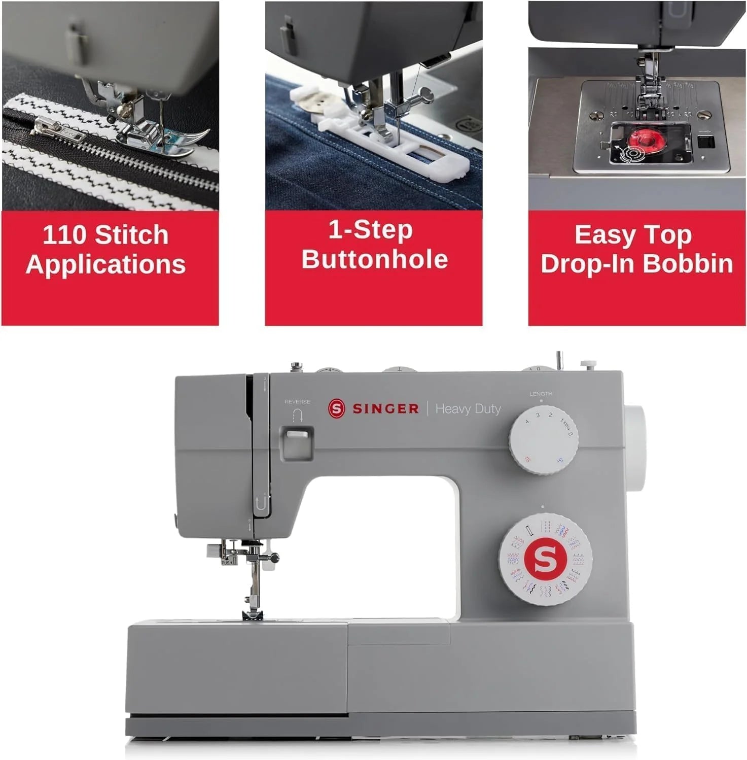 SINGER Heavy Duty 4452 High Speed Sewing Machine With Accessory Kit | Strong Motor with Enhanced Piercing Power, 110 Stitch Applications, Full Metal frame, 1-step Buttonhole & LED Lights