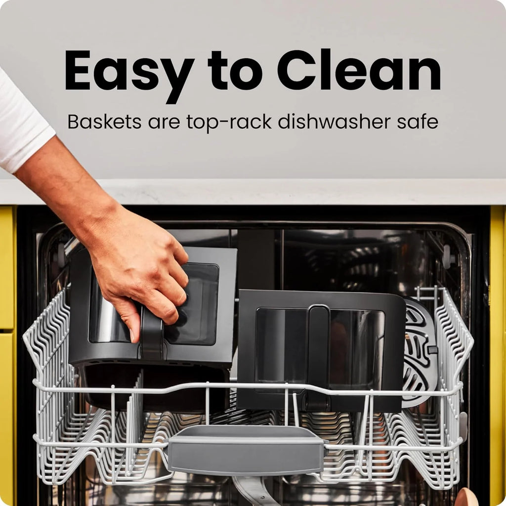 Chefman 6-Quart Double Basket Air Fryer with Easy View Window uses two separate 3-quart nonstick pans.