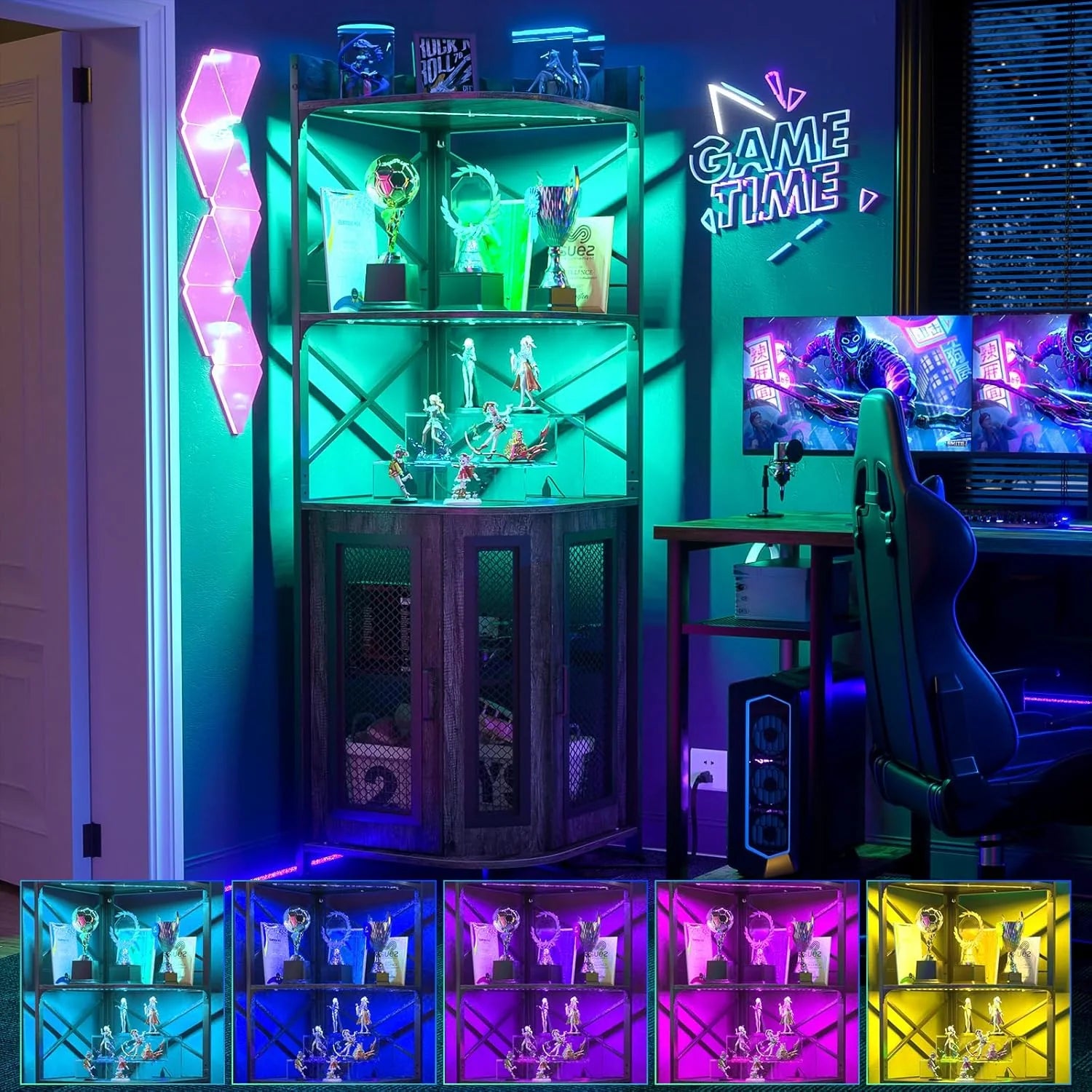 Corner bar cabinet with power socket, industrial style wine cabinet with LED light strip and glass rack, home five-layer wine cabinet bar unit, small space corner display cabinet