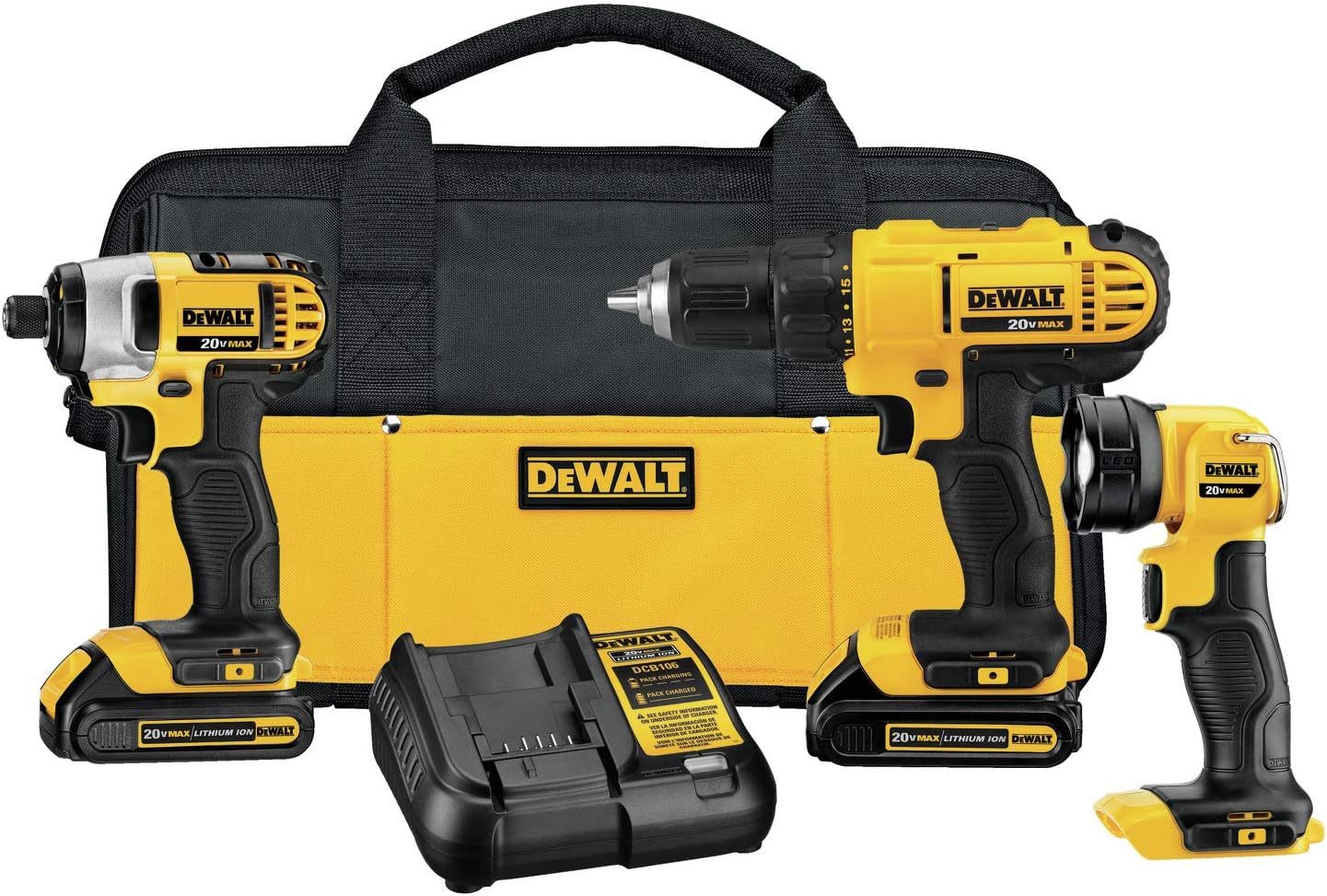 20V MAX Cordless Drill Impact Driver and LED Work Light Portable, Power Tool Combo Kit 3 Tool, 2 Batteries and Charger Included (DCK340C2)