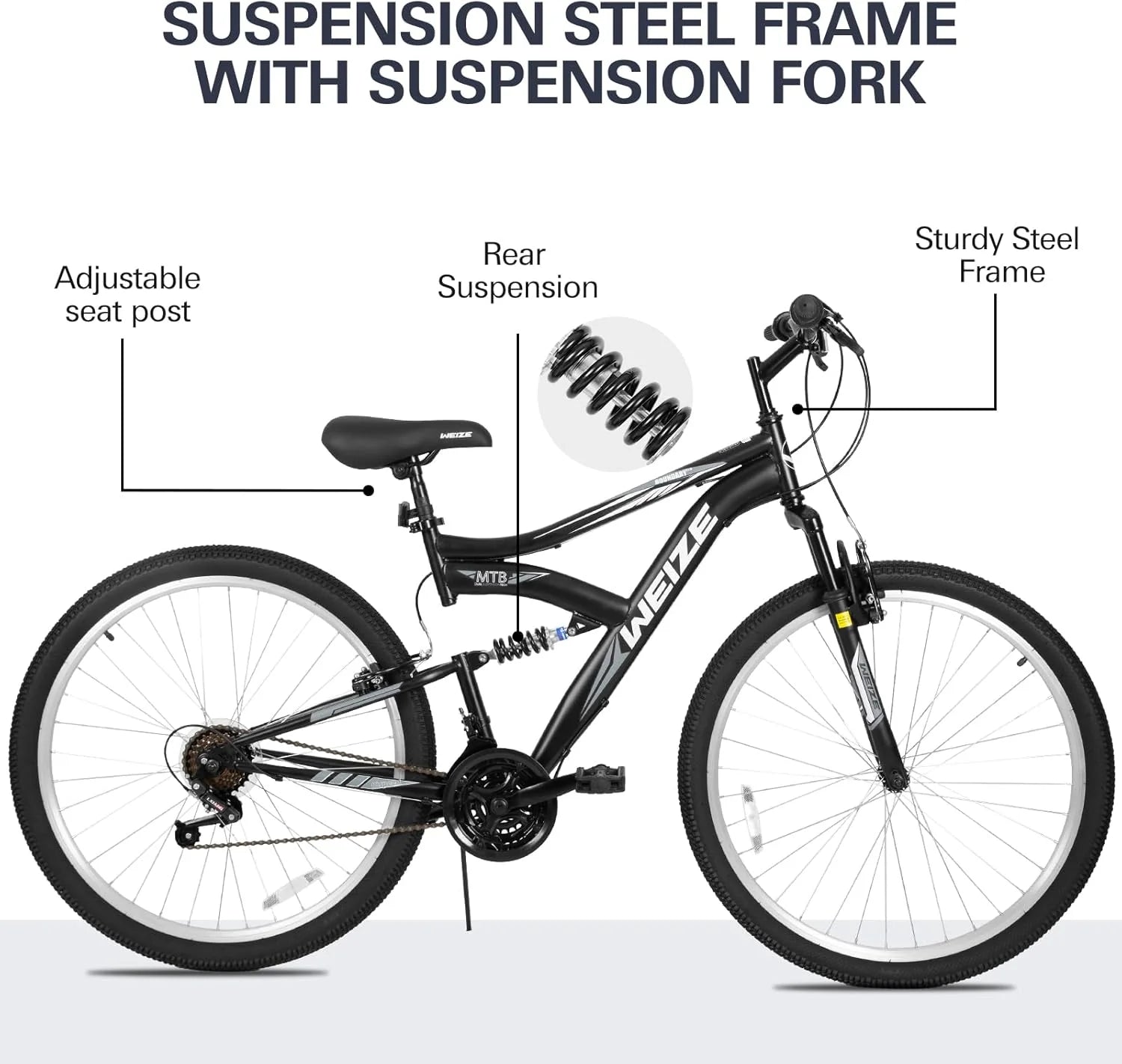 WEIZE Mountain Bike, 26 27.5 inch Outdoor Hybrid Bikes,18-Speed/High-Carbon Steel/Dual Full Suspension, Adjustable Ergonomic Seat for Men Women Adult, MTB Bicycle with Suspension Fork,Sleek Colors