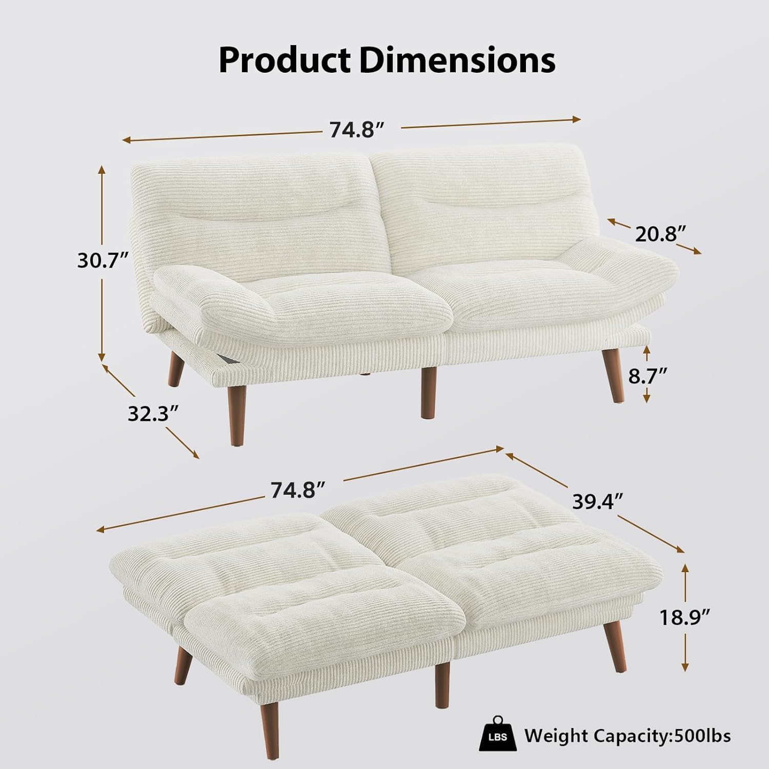 Convertible Futon Sofa Bed, 66 Inch Corduroy Futon Sofa Recliner Sofa Bed for Small Spaces, Playrooms or Offices