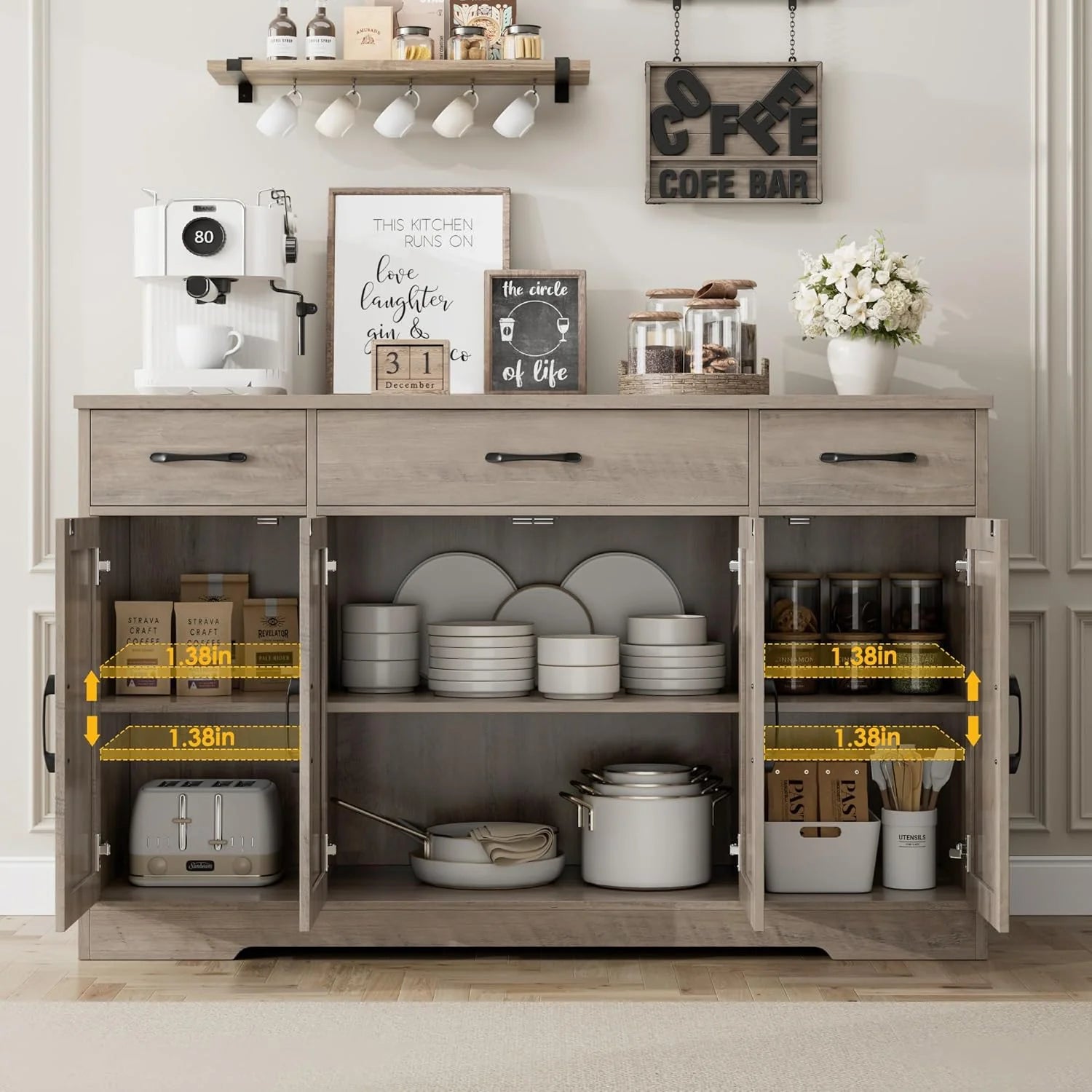 Sideboard with drawers, large 55-inch sideboard, sideboard storage with shelves and doors, modern farmhouse coffee bar wood kitchen dining table