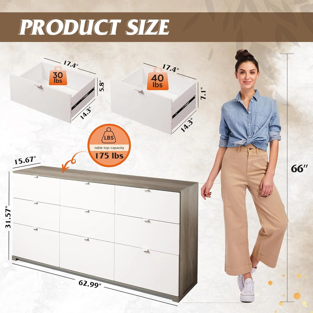 9 Drawer Led Dresser for Bedroom, 58.35'' Wide Wood Dresser Storage Organizer with Power Outlets for 65'' TV, Dressers with Open Shelves