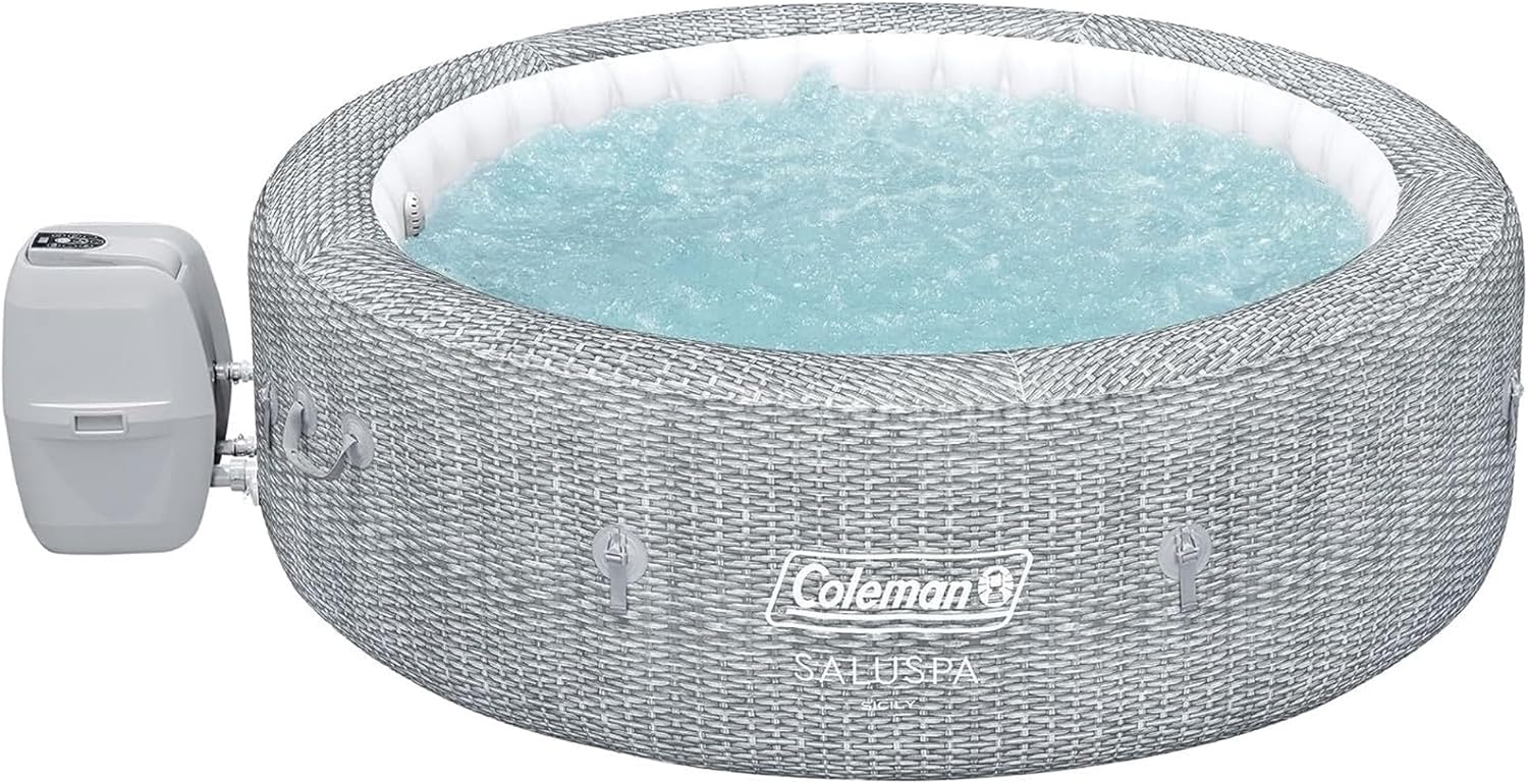 SaluSpa Sicily AirJet 7 Person Inflatable Hot Tub Round Portable Outdoor Spa with 180 Soothing AirJets and Insulated Cover, Gray
