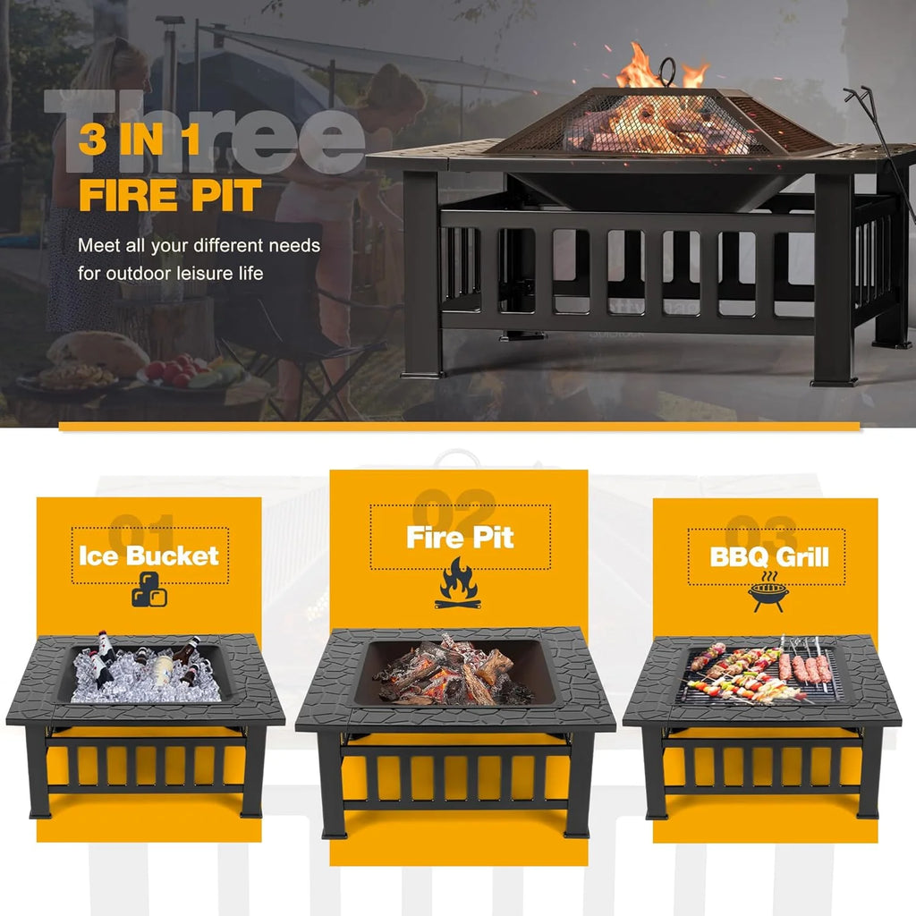 Devoko Outdoor Fire Pit, 32 Inch Firepit Table Metal Outdoor Fireplaces with Waterproof Cover for Outside Patio Camping