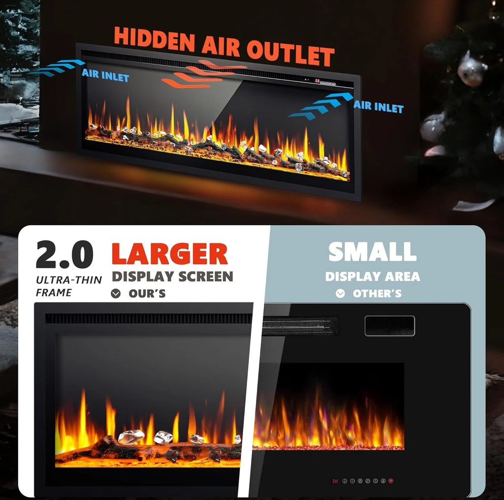 EUHOMY 50 Inch Electric Fireplace Wall Recessed and Wall Mounted with Adjustable Flame Color, Fireplace Heater with Remote Control, Linear Fireplace with Timer, Touch Screen, Log & Crystal, 750/1500W