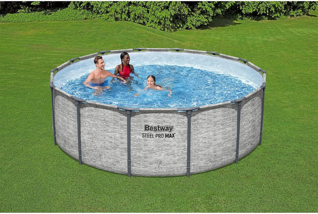 Steel Pro MAX 14 Foot x 48 Inch Round Metal Frame Above Ground Outdoor Swimming Pool Set with 1,000 Filter Pump, Ladder, and Cover, Gray