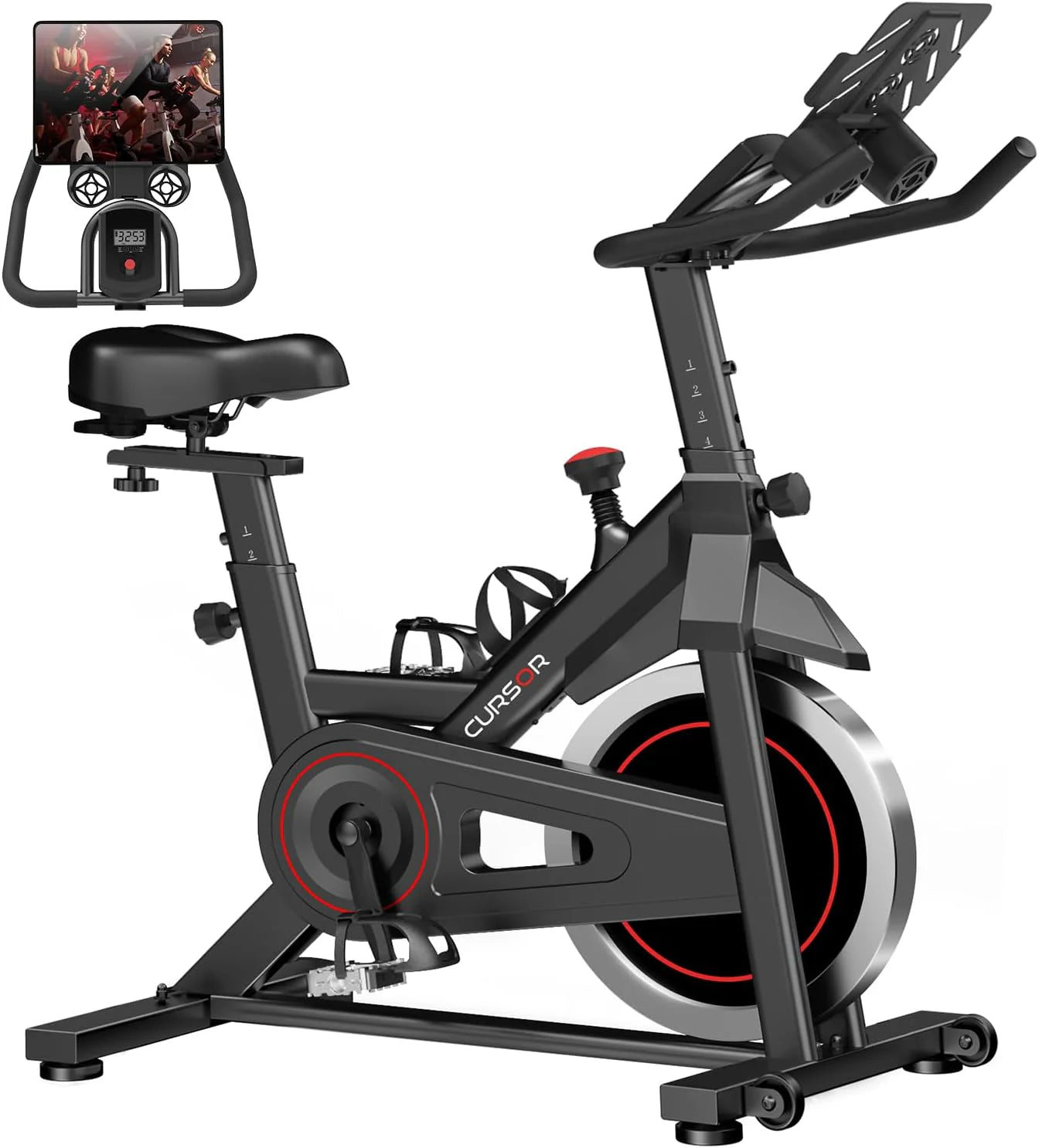 CURSOR FITNESS Exercise Bike, Stationary Bikes for Home, 300 LBS Capacity, Workout Bike with Silent Belt Drive, Indoor Cycling Bike with Extra Comfort Seat/IPad Mount/3 Bottle Holders