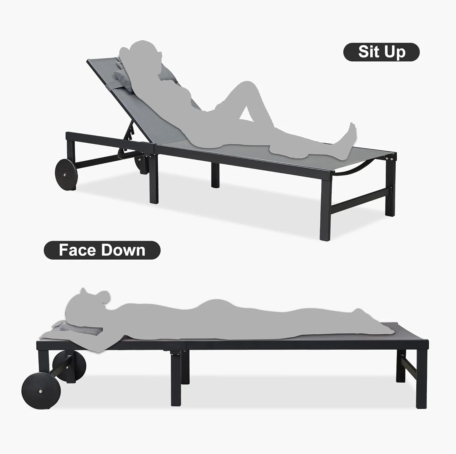 PURPLE LEAF Patio Tanning Lounge Chair Set with Face Down Hole Outdoor Aluminum Adjustable Reclining Chairs Wheels Pillows and Table for Poolside Beach Sunbathing Lounger, Beige