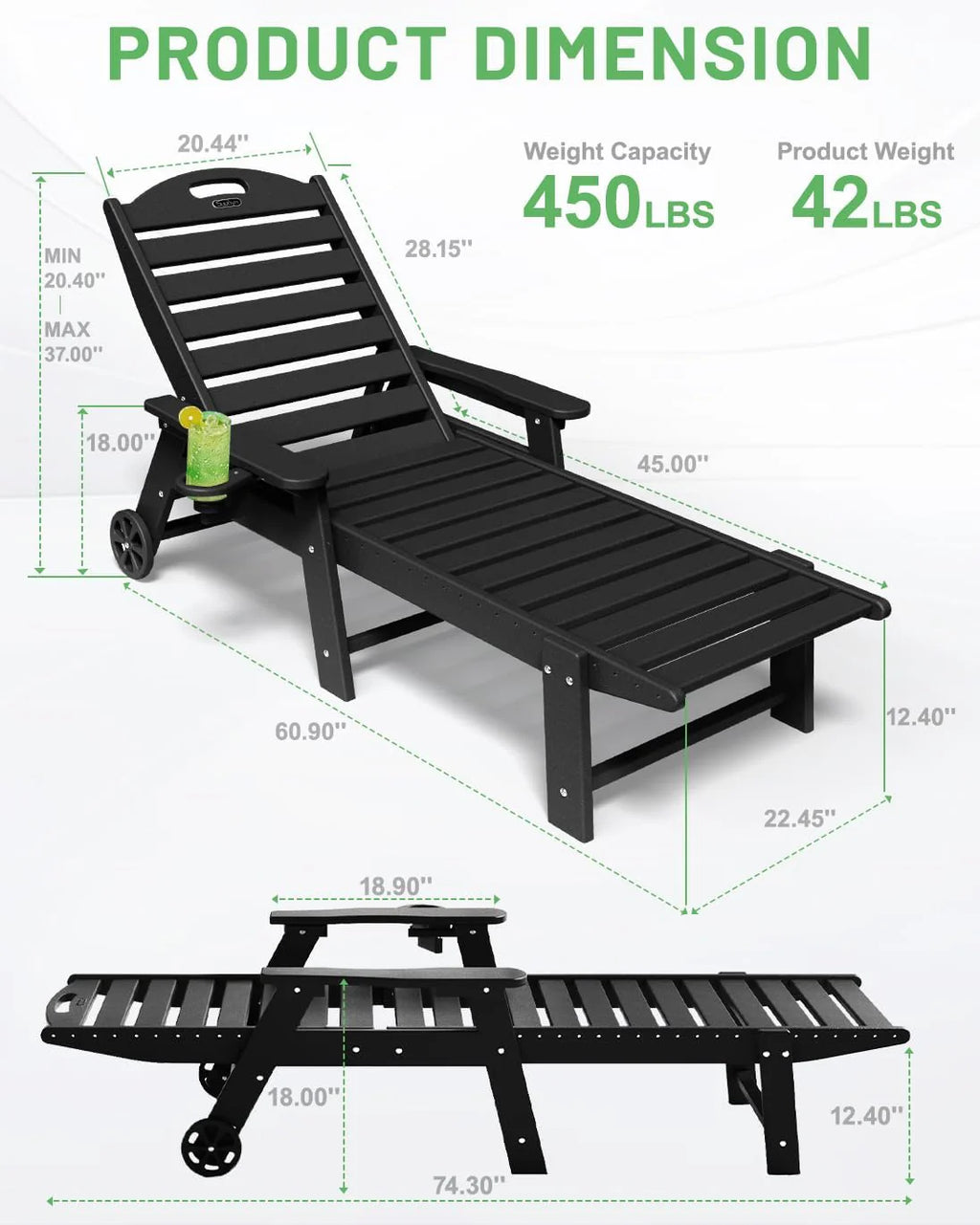 Lounge Chair Outdoor, Chaise Lounge, HDPE 6-Position Outdoor Chaise Lounge, Patio Lounge Chair with Wheels & Cup Holder for Pool Poolside Deck Backyard, Teak