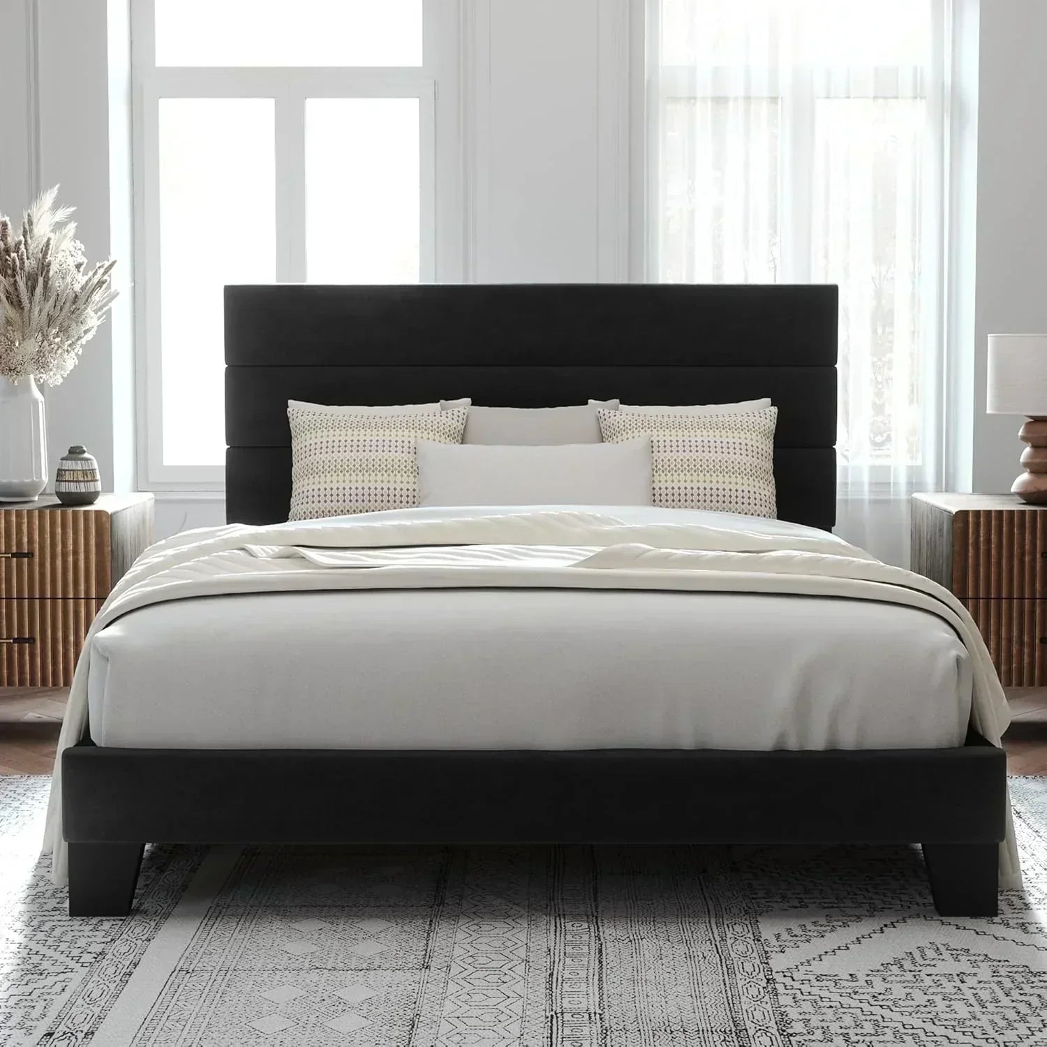 Allewie King size platform bed frame with velvet upholstered headboard and planks