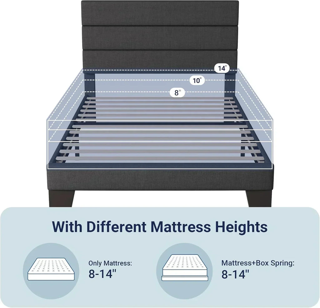 Allewie King size platform bed frame with velvet upholstered headboard and planks