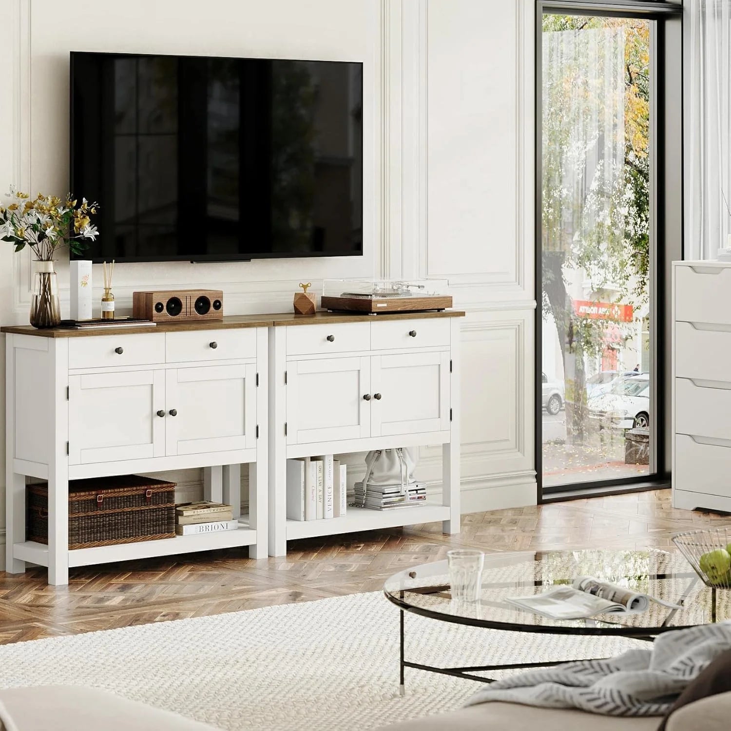 Farmhouse style console table coffee bar, entry table with storage rack, sofa table buffet sideboard