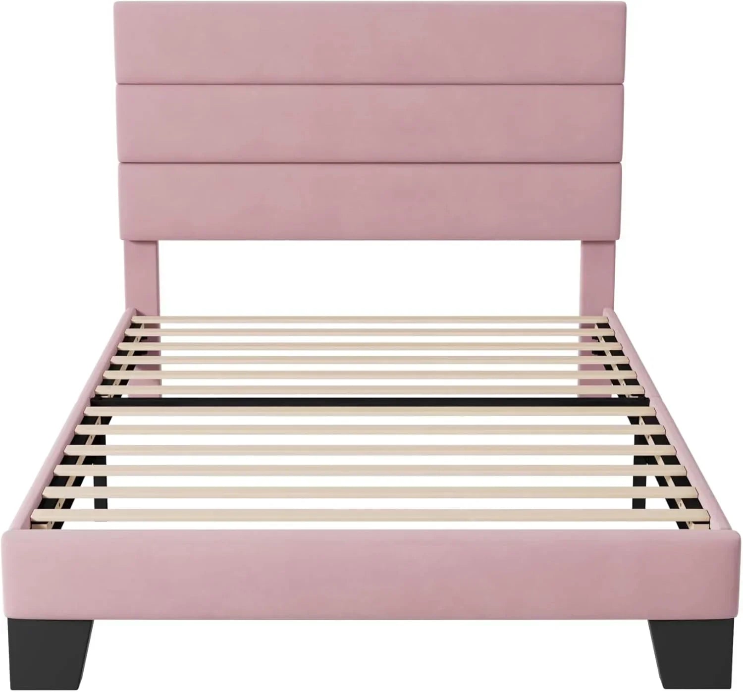 Allewie King size platform bed frame with velvet upholstered headboard and planks