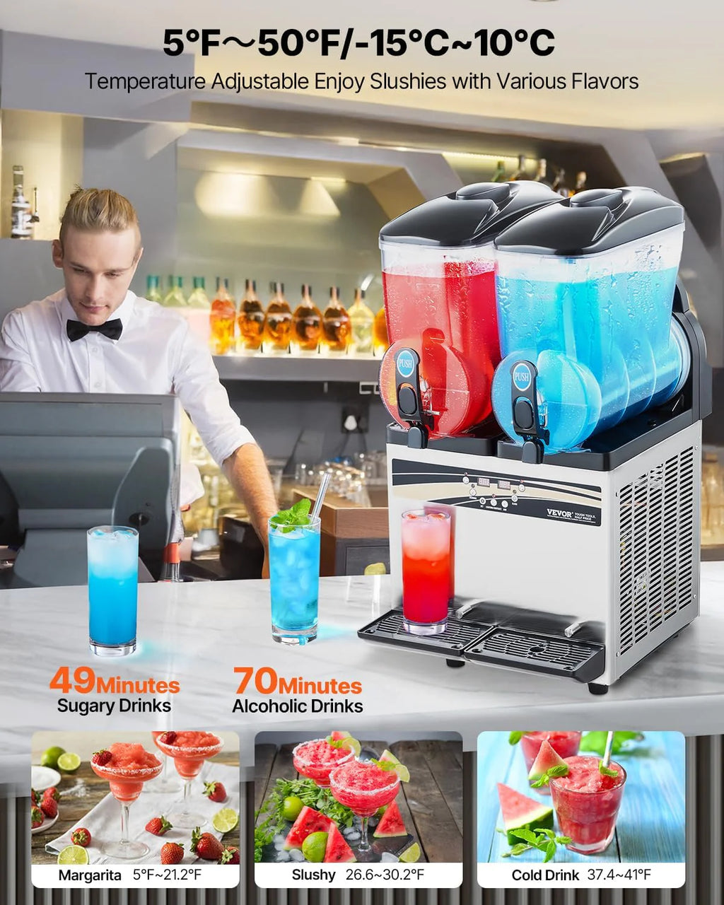 VEVOR Slushy Machine, 15Lx2 Double Tank Commercial Margarita Machine, 120 Cups Stainless Steel Margarita Smoothie Frozen Drink Machine, Slushie Machine for Home Party Restaurants Cafe Bars