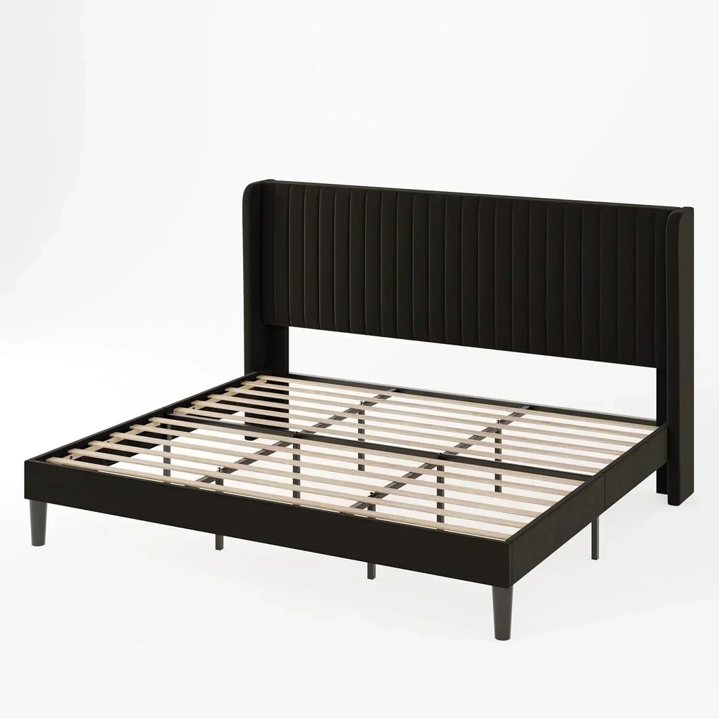 Allewie Full Size Velvet Bed Frame Vertical Channel Tufted Wingback Headboard Upholstered Bed