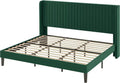 Allewie Full Size Velvet Bed Frame Vertical Channel Tufted Wingback Headboard Upholstered Bed