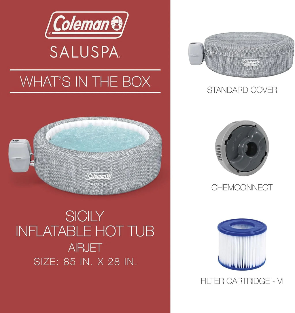 SaluSpa Sicily AirJet 7 Person Inflatable Hot Tub Round Portable Outdoor Spa with 180 Soothing AirJets and Insulated Cover, Gray